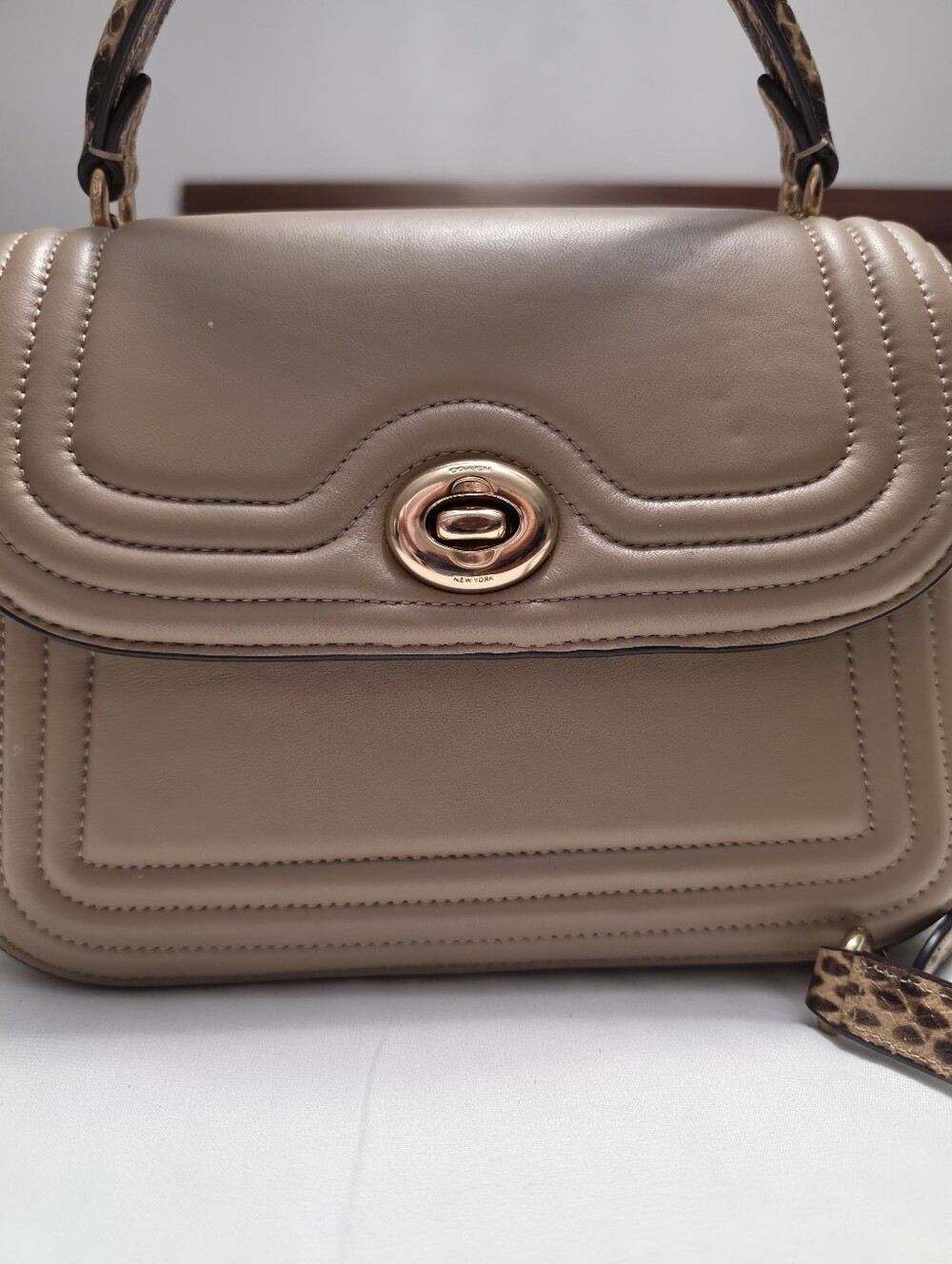 Coach Taupe Leather Top-Handle Shoulder Bag with Gold Turn-Lock